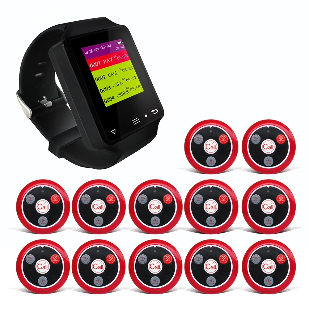 

Artom restaurant caller system wireless with 10 pagers call button and waterproof watch set in French Spanish Russian German