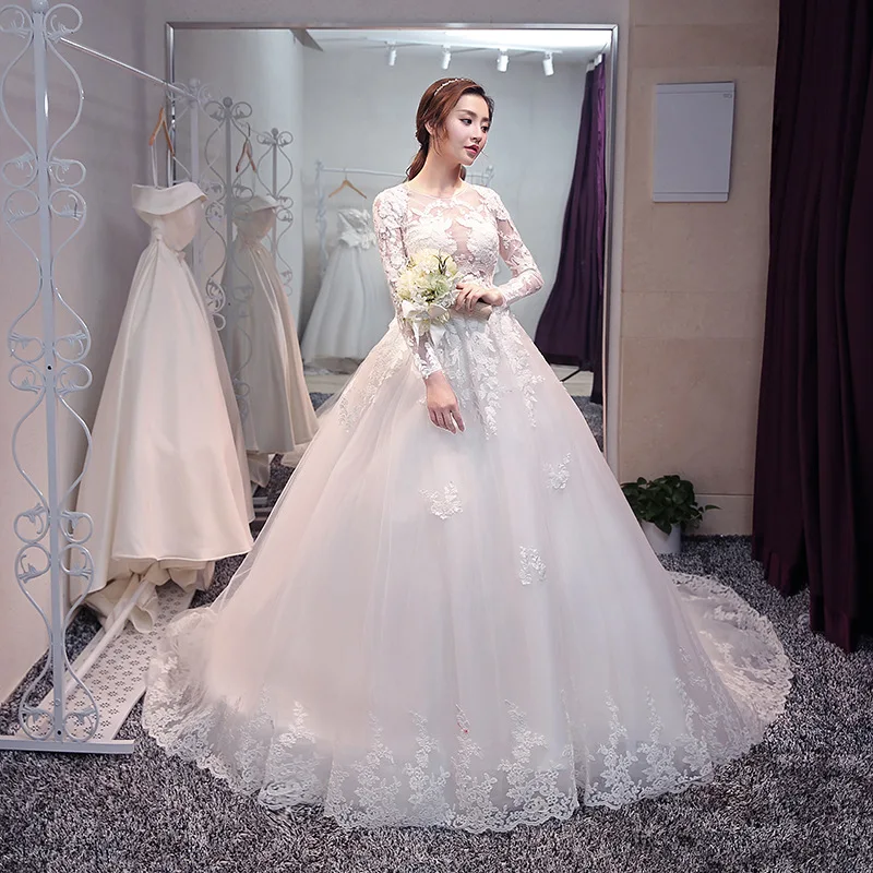 High Neck Long Sleeve Lace Appliques Ball Gown Wedding Dress With Long Tail