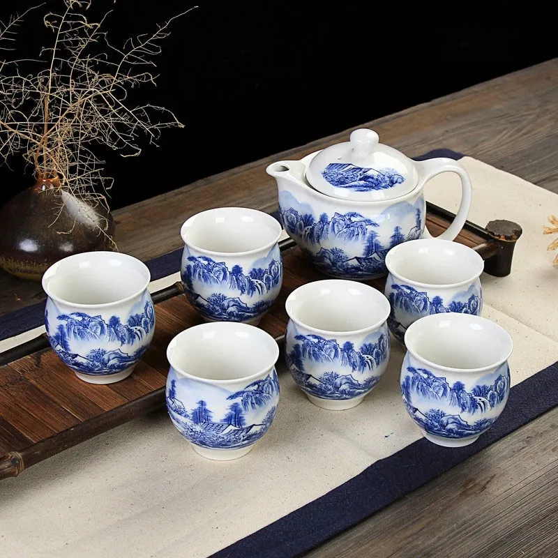 7 Pieces Blue And White China Flower Ceramic Tea Set,Teapot And Double