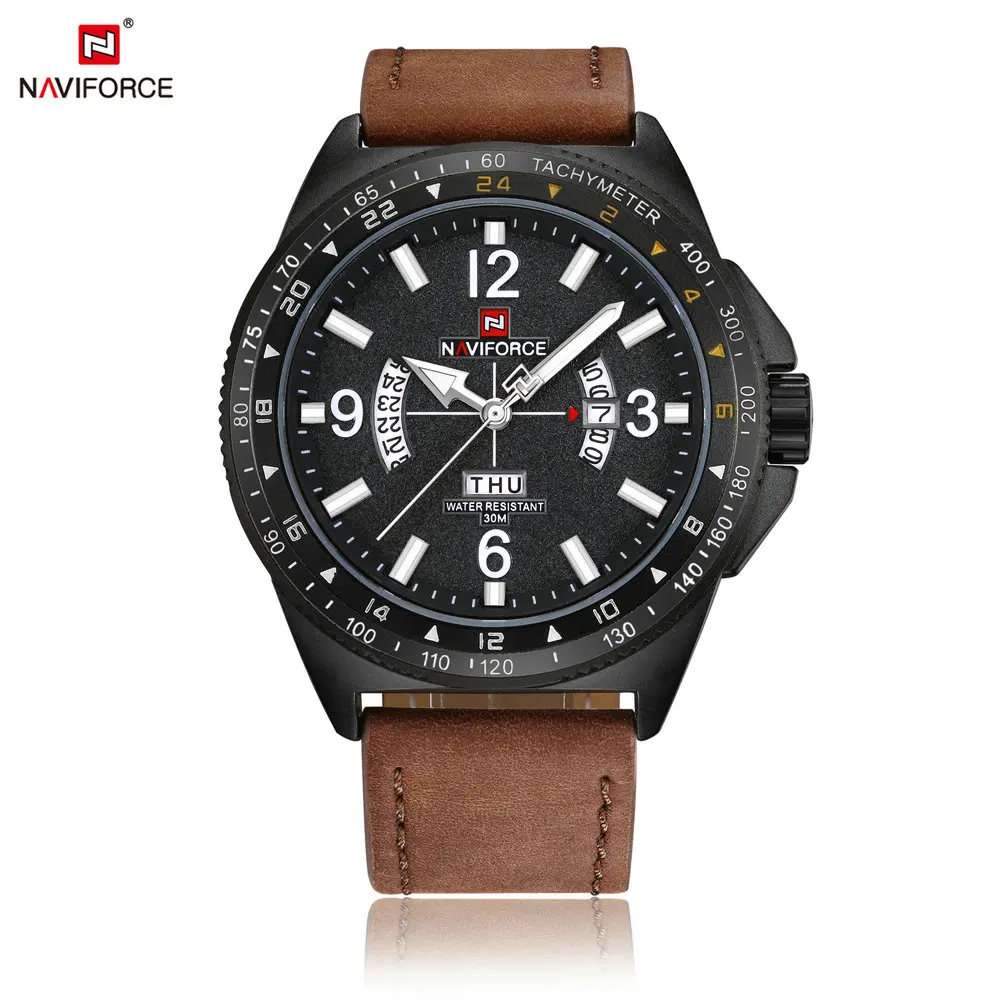 

NAVIFORCE Watch 9103 Luxury Brand Leather Strap Men Quartz Analog Week Calendar Wristwatch Fashion Military Alarm Watches Men, 5 color for choice