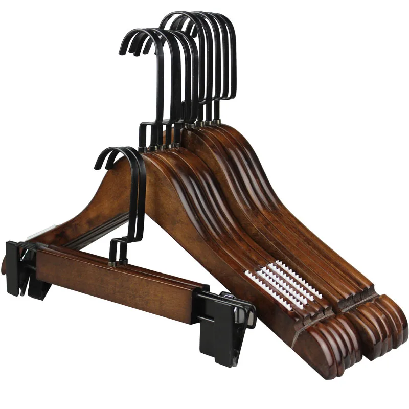 Wholesale Thick Metal Flat Hook Wood Dark Clothes Rack Hangers With