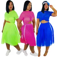 

Custom tulle transparent sexy dress women 2 piece skirt set with stripe on side