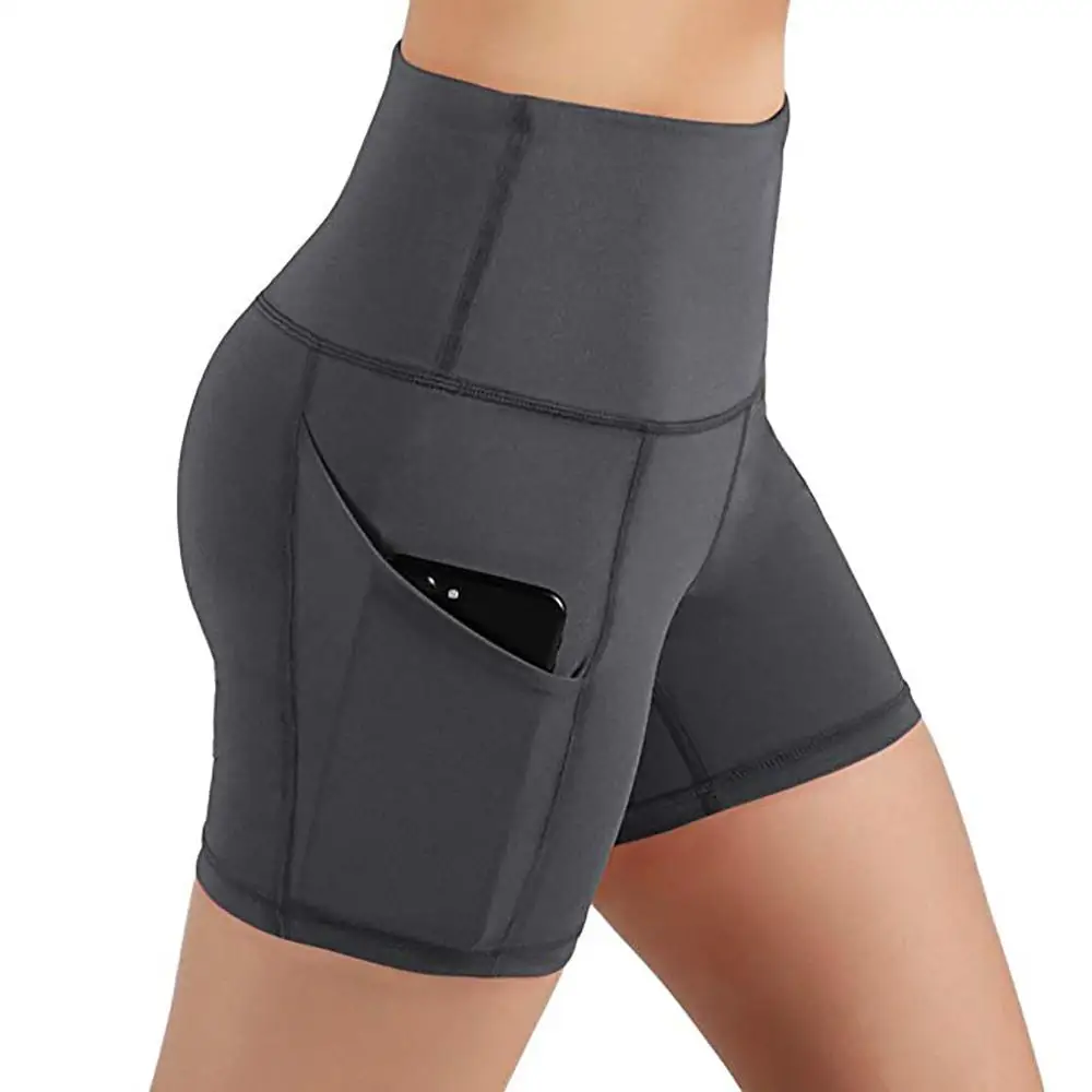 

Exercise Elastic Pockets High Waist Tight Fitness Sports Yoga Shorts, Black grey