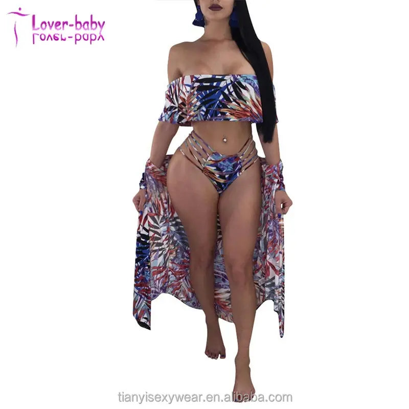 

High Quality Printing Falbala Decorative Swimsuit 2 Piece Set And Coat, N/a