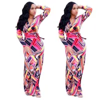 

2017coloful print long sleeve wrap maxi dress for women clothing