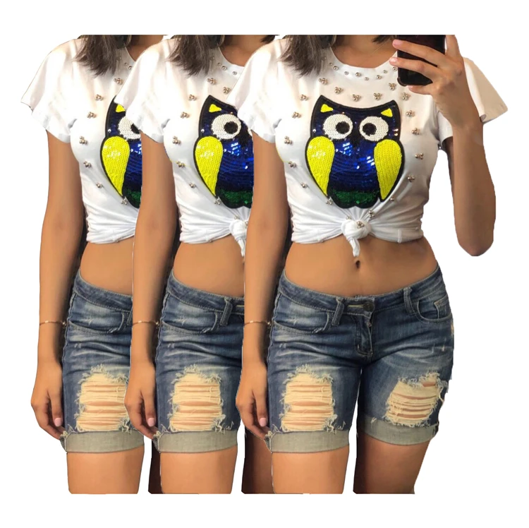 

0625M0397 Summer hot sale fashion woman short sleeve top owl sequin beading print t shirt