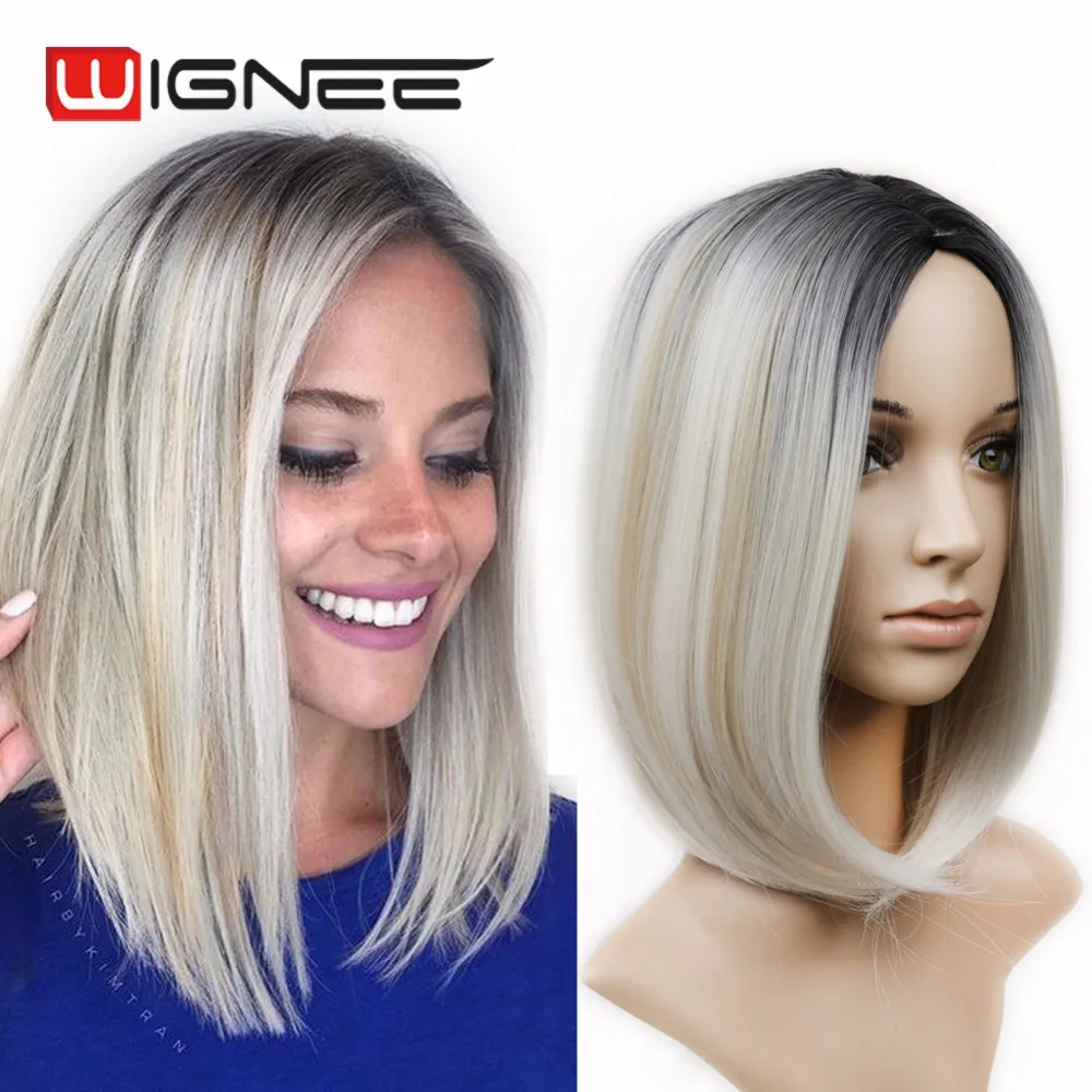 

Black to off White Color Ombre Bob Wig 14 Inches Fashion Breathable Capless Synthetic Hair Grey Wigs Cheap Factory Wholesale