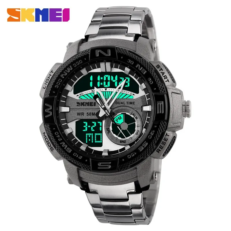 

2017 New Outdoor Sports Waterproof Dive Luxury 304 Stainless Steel Strap Dual Quartz Digital Led Military Skmei 1121 Watches Men