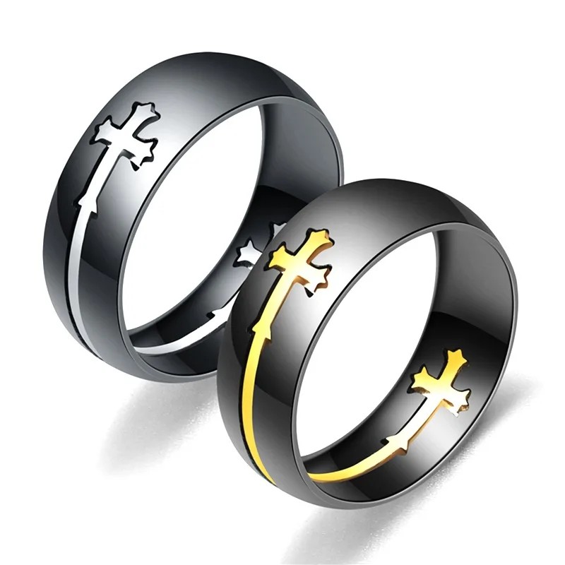 

Men's Black Titanium Steel Jesus Cross Inlay Ring, As picture