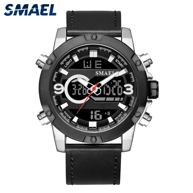 

Men alloy watches leather strap quartz digital dual time water resistant sport watch, Black;brown;black silver;black gold