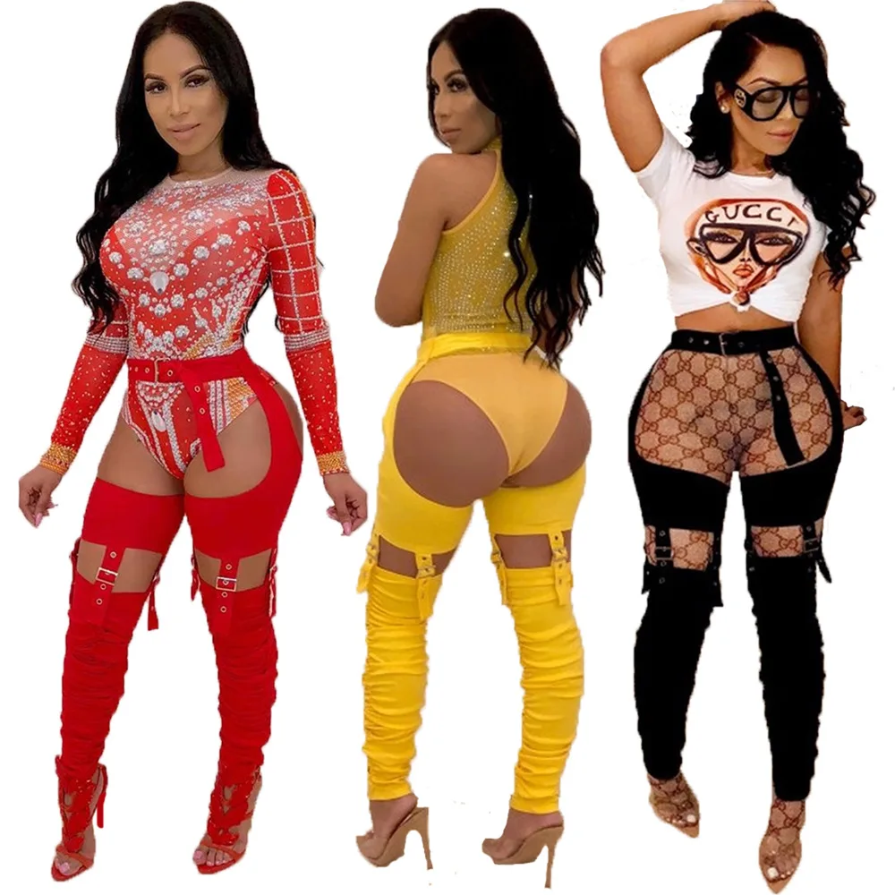 

Factory Wholesale High Waist Personality Sexy Belt Pants Metal Buckle Machine Eye Irregular Pants garter Belt pencil trousers