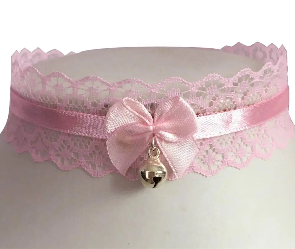 

Pink Bell Choker Pastel Goth Lace Bow Silver Collar Emo Goth Lolita Cosplay Cat kawaii