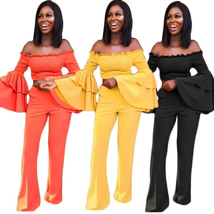 

FM-K9256 Ladies long fall clothing boutique falbala outfits high waisted wide leg trousers, Red, yellow and black