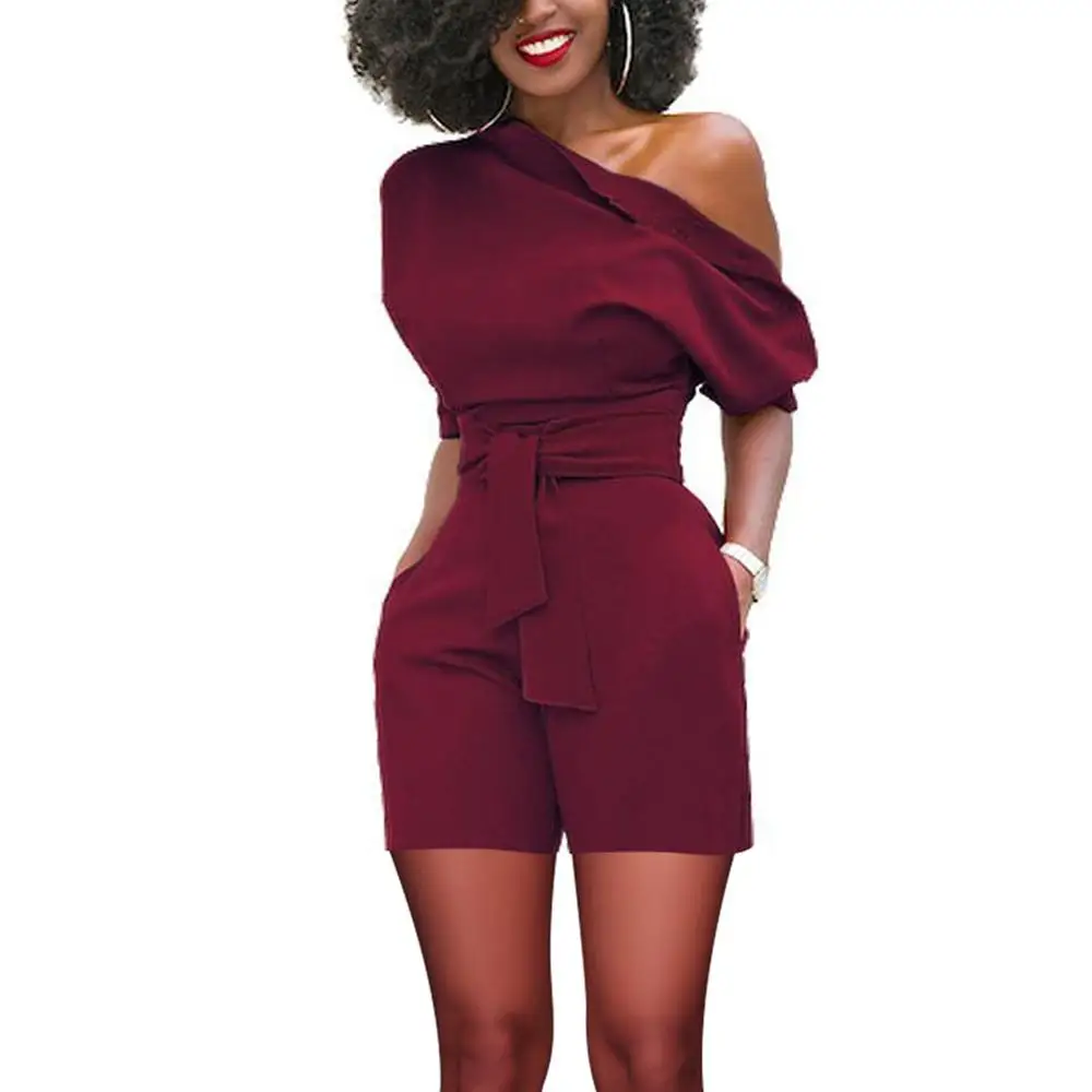 

Waistband Short Casual Rompers Women One Shoulder Medium Sleeve One Piece jumpsuit women