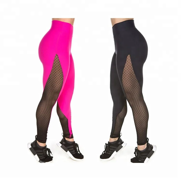 

wholesale Fashion Custom Dots Mesh Fitness Women Sexy Yoga Pants, Black/plum