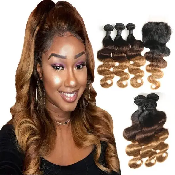 

4 bundles Brazilian Ombre colored body weave Human Hair,hair weave color #27 body wave bundles, 1b/#2/#4/613blonde/obmre