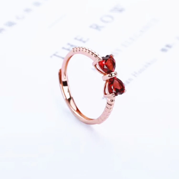 

small stone ring jewelry wholesale lovely bow shape rose gold plated 925 sterling silver red garnet crystal ring for gril
