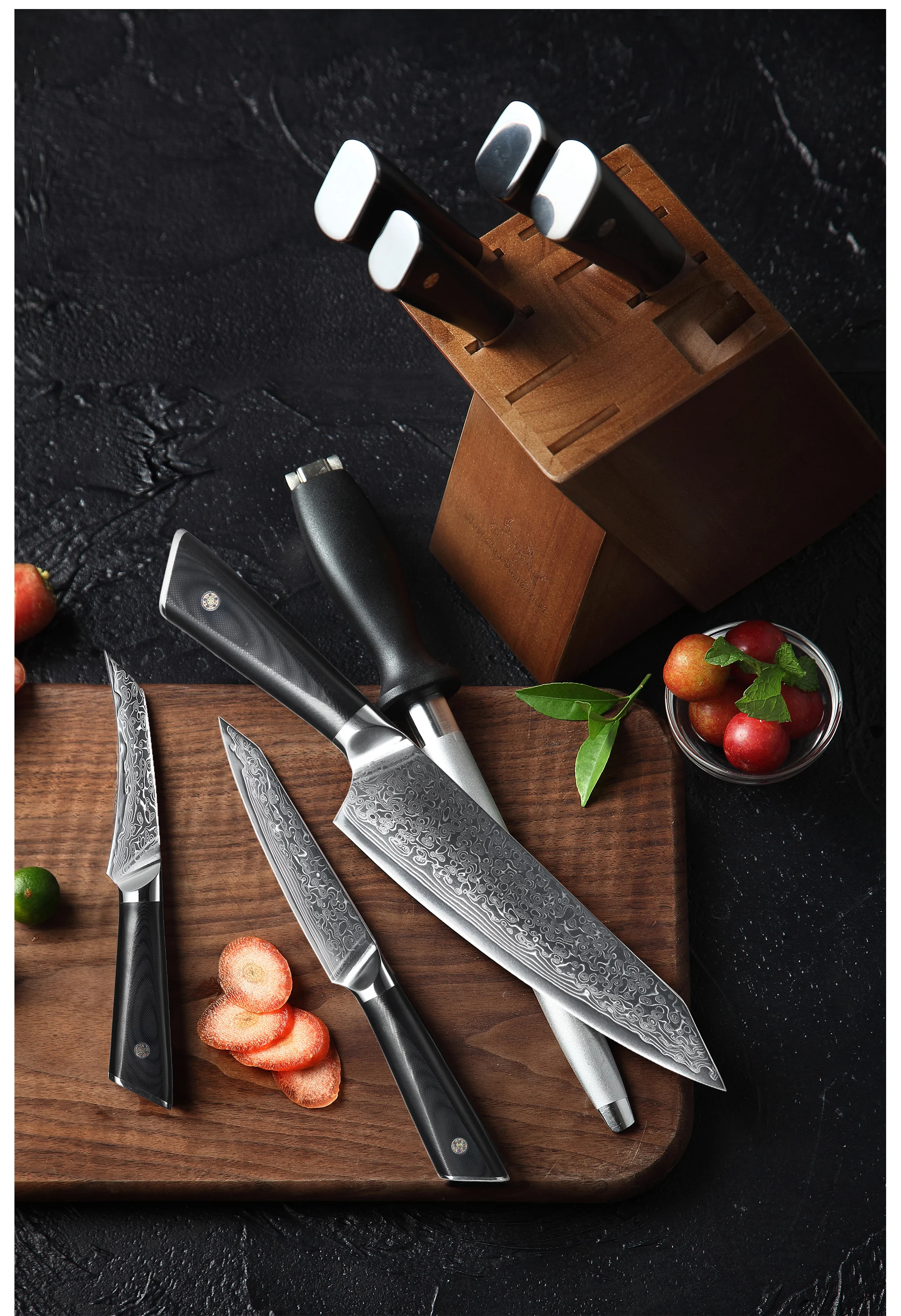 Custom Wholesale Knife Kit Sharper Wood Holder Damascus Blade Kitchen