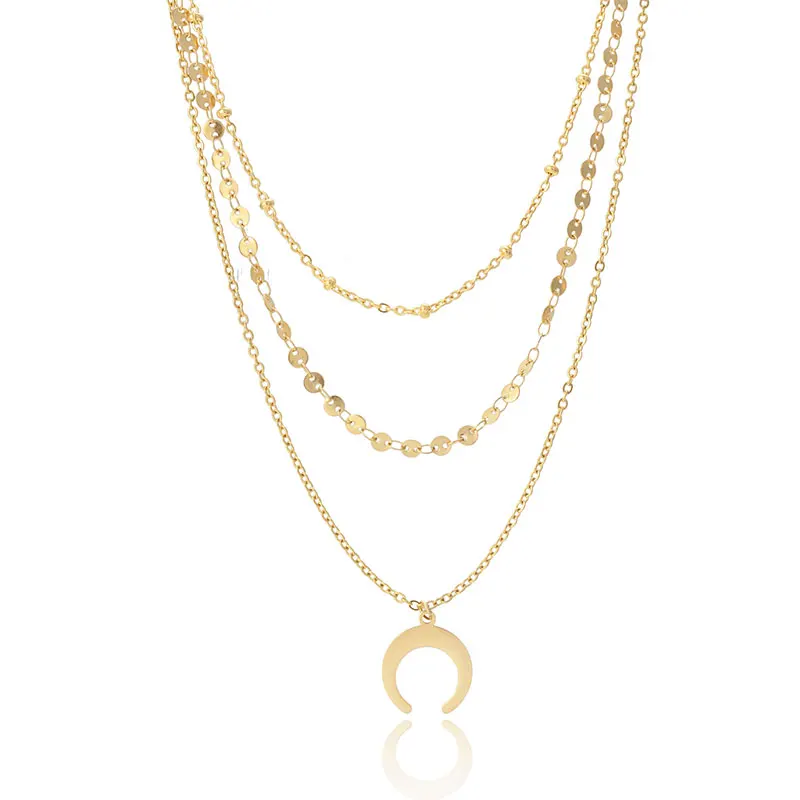 

24K Gold Chain Coin Choker Necklace Multi-Layers Moon Necklace, Gold,steel,rose gold,customized color