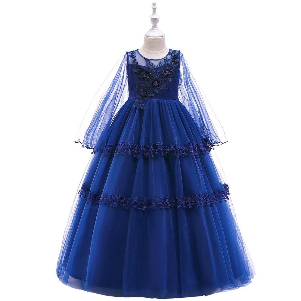 

MQATZ Flower Girl Dress Long Sleeves Top Tulle Skirt Kids First Communion Gowns 4 Different Colors, Navy blue.pink.red.dark purple