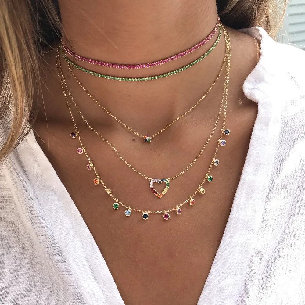 

layered necklace thin small tennis cz chain choker 3 colors Gold plated fashion women jewelry, Customized