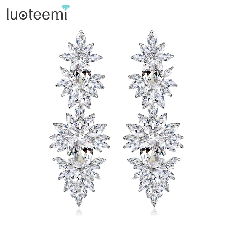 

LUOTEEMI Factory Directly Wholesale Luxury Fine Design Sparkling Clear Cubic Zrconia Stone Bridal Drop Dangling Wedding Earrings, N/a