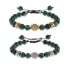 High Quality 8mm Natural Green Malachite Silver Gold Micro Pave CZ Leopard Head Charm Braid Bead Bracelet