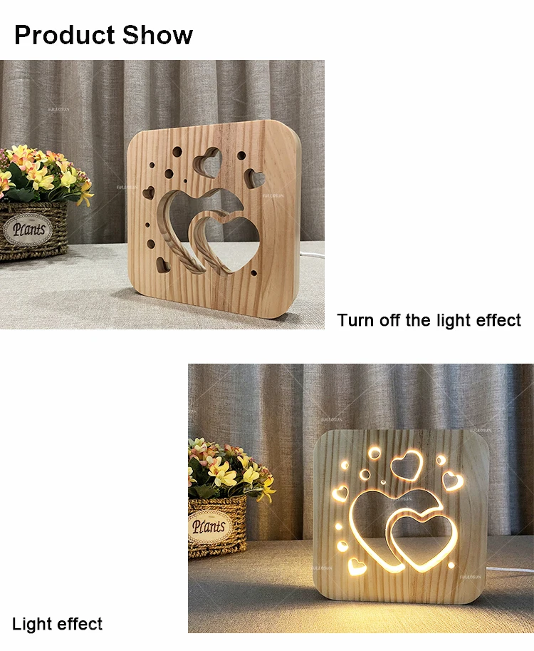 FS-T1839W Love heart shape home 3d wood lamp Wooden Table Lamp Desk Light wood lamp