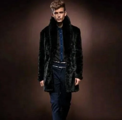 

Factory Wholesale Long-sleeved Lapel Faux Fur Men's Winter Long Coat, Black