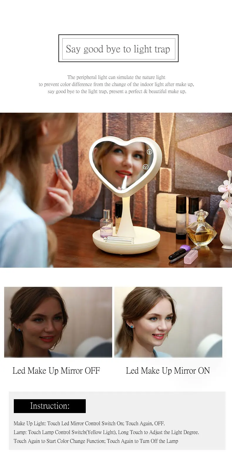 touch screen led lighted makeup mirror cosmetic lamp
