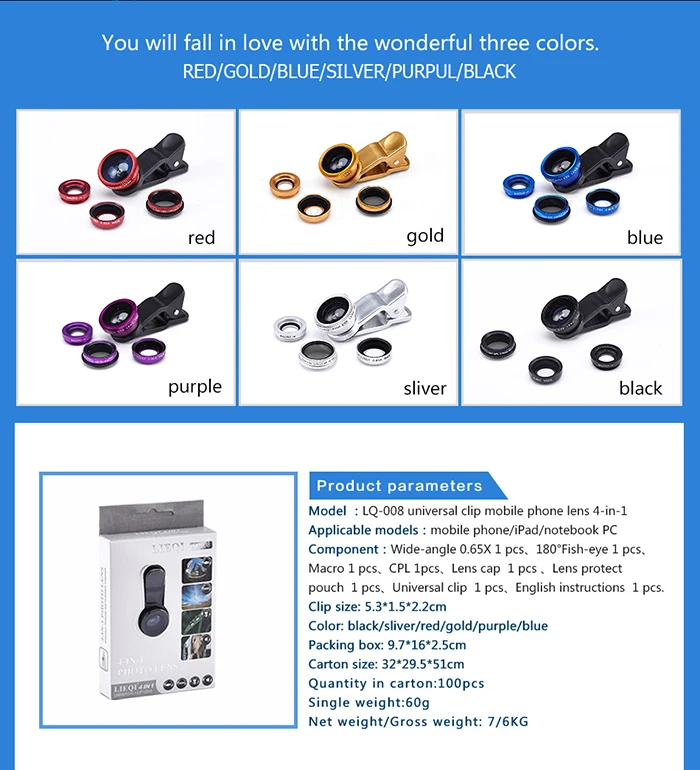 LIEQI Universal Clip 4 In 1 Cell Phone External Lens With CPL Filter