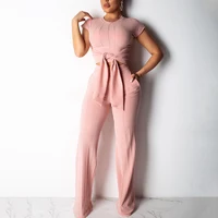 

Tight Short Sleeve Crop Top Casual Wide Leg Pants Women Jumpsuit Two Piece Set Women