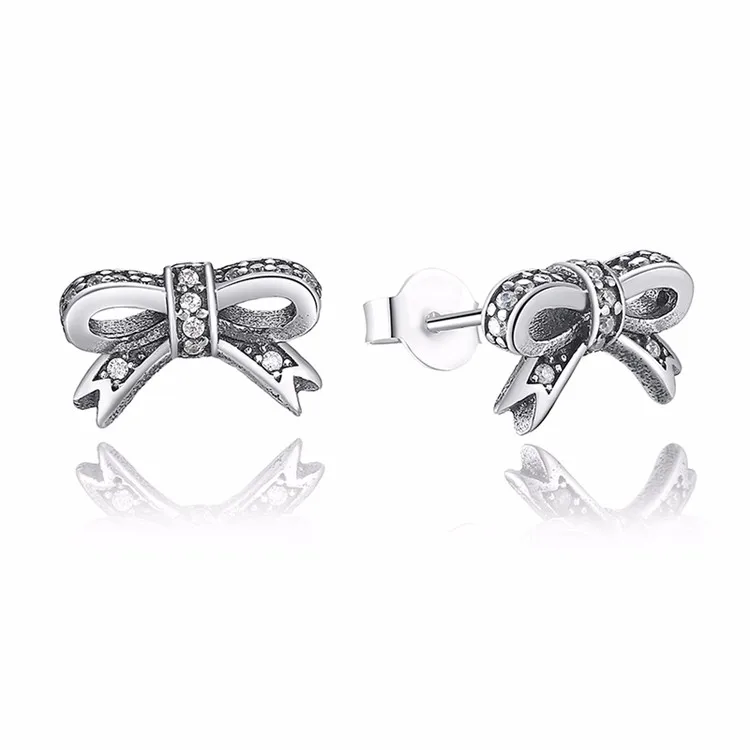 

girls bowknot design pure 925 silver stud earring with mirco cz pave setting