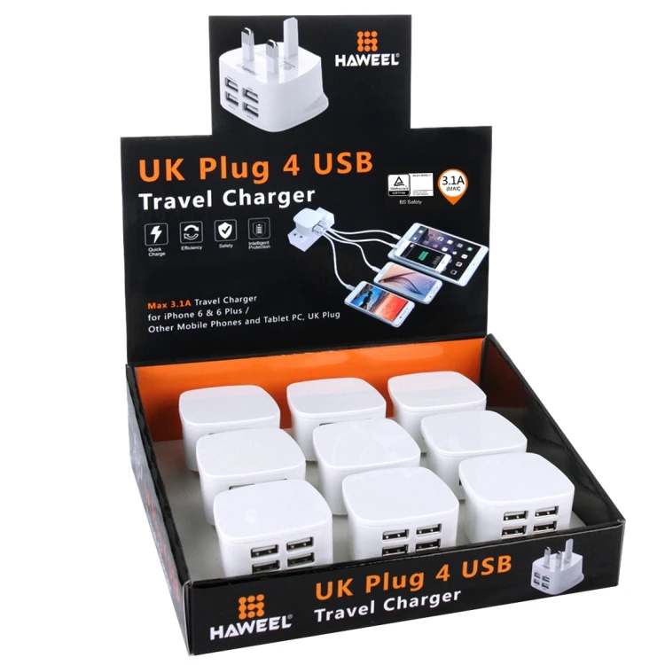 

Wholesale factory price 9 PCS UK Plug HAWEEL 4 USB Ports Max 3.1A Travel Charger Kits with Display Stand Box, N/a