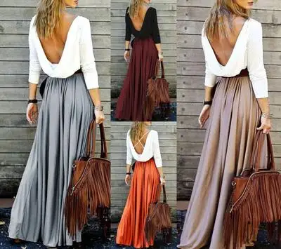 

4 Color Women's Fashion Solid Color Skirt High Waist Elegant Style Pleated Dresses Floor-Length Stretch Casual Maxi Skirt, Khaki;orange;wine;gray