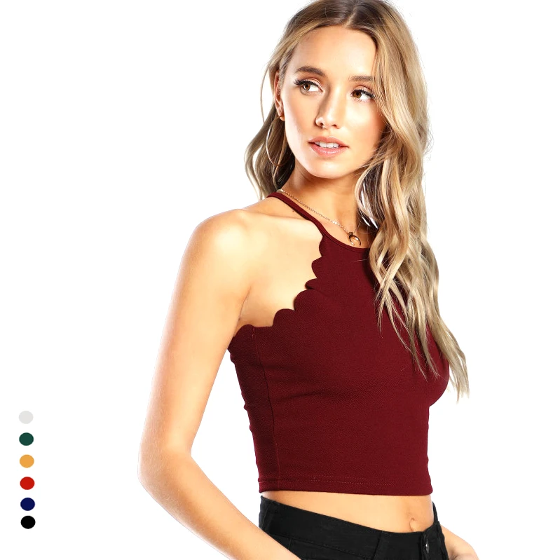 

Women Crop Tops Solid Black Scallop Trim Halter tank Top New Summer Women Sleeveless Slim Camisole Women Sexy Tees Top, As the picture