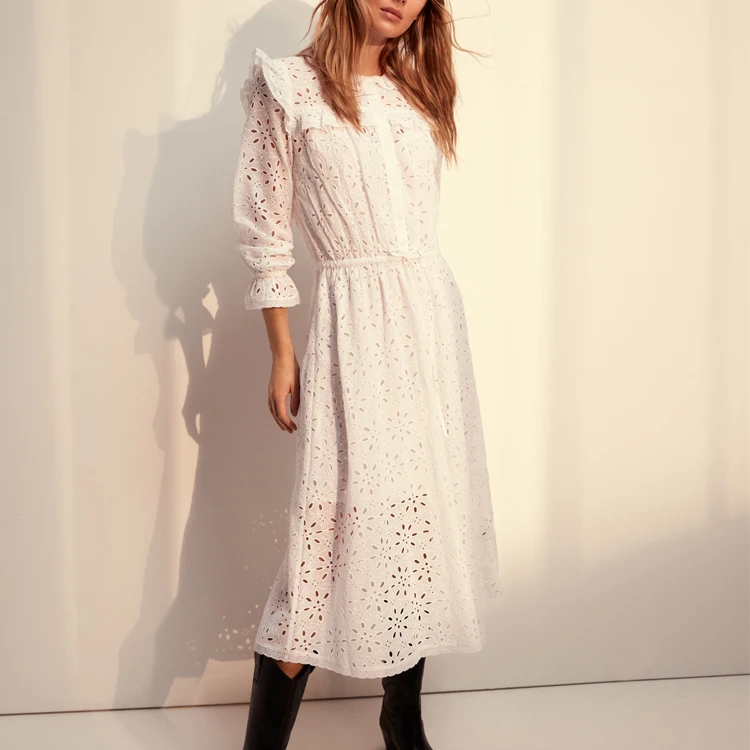 

Elegant Floral Eyelet Hollow Out Midi Maxi Lightweight Semi Sheer Cotton Dress, Customized