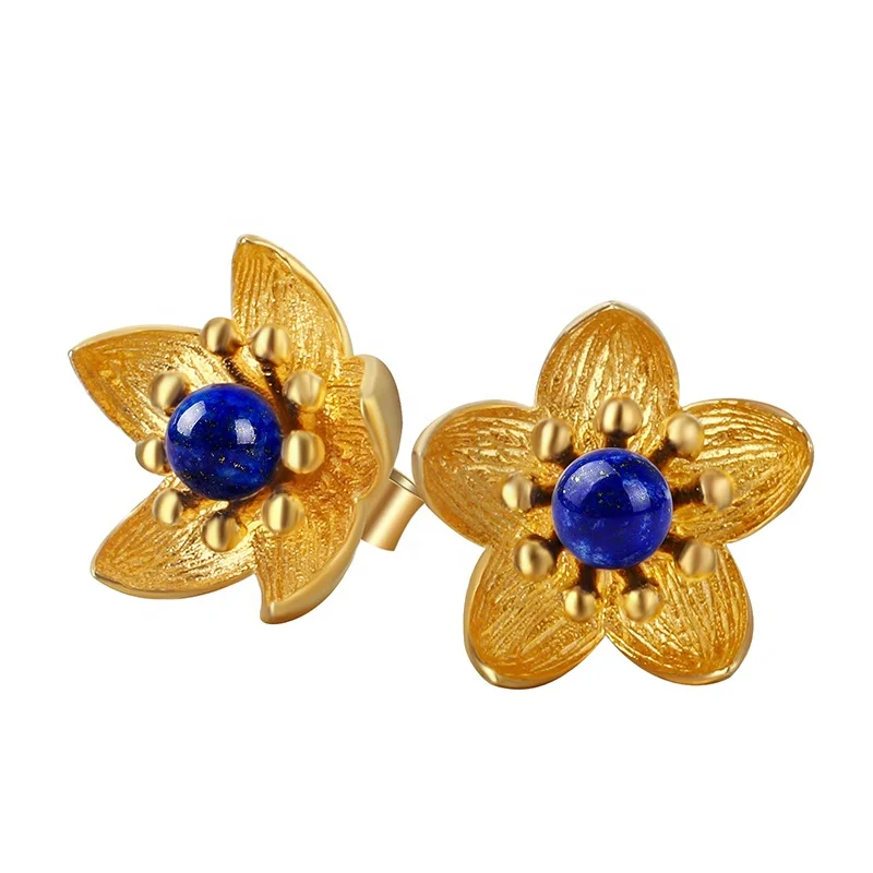 Real 925 Sterling Silver Natural Lapis Fresh Flower Stud Earring For Women Wholesale Jewelry