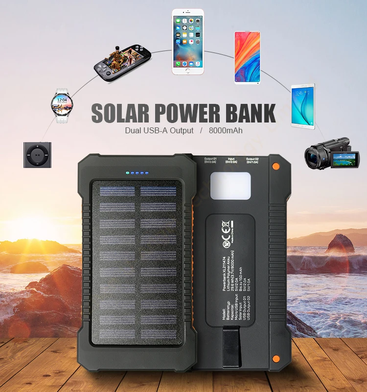 solar power bank 8000mAh extreme mobile phone battery charger pack dual USB LED lights with climbing hook - ANKUX.COM