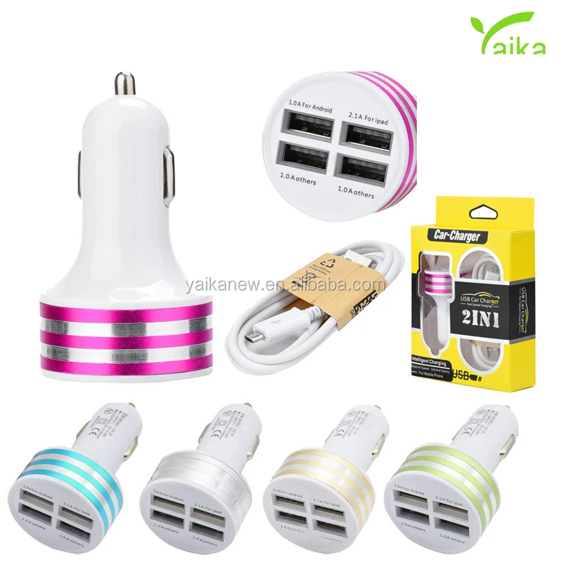 

Yaika 4 port USB car charger mobile phone car charger multi usb car charger with usb cable for smartphone, Pink/blue/silver/gold/green