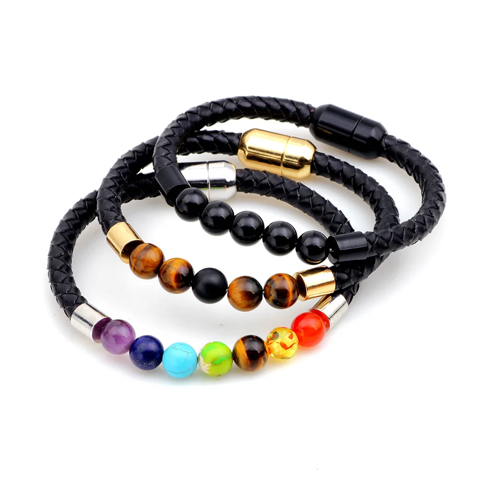 

Welwish Unisex Magnetic Leather Tiger Eye 7 Chakra Bead Bracelets