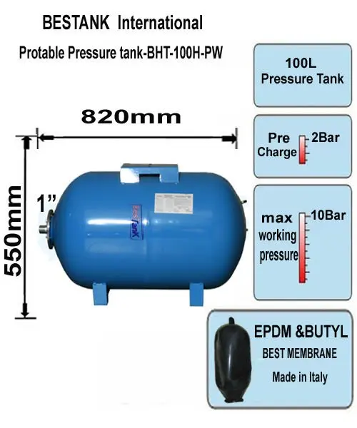 100 Lt Horizontal / Potable Water Pressure Tank 10 Bar Buy Pressure