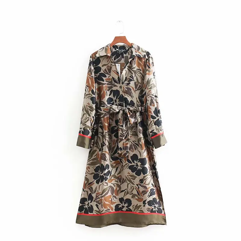 

Elegant design turn down collar flower printed women long shirt dress with belt