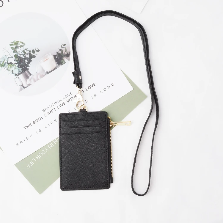 

100% Genuine saffiano leather lanyard work ID card holder with long strap, Brown, red, customized color