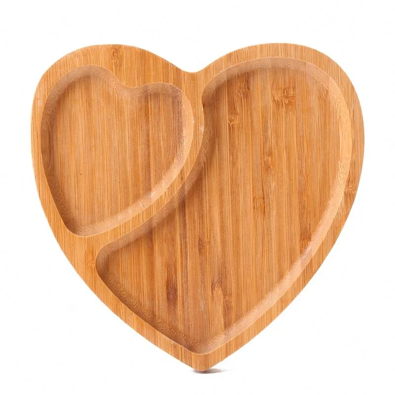 

Eco friendly 2 divided compartment recycle platter heart shaped food bamboo tray plate, Natural color