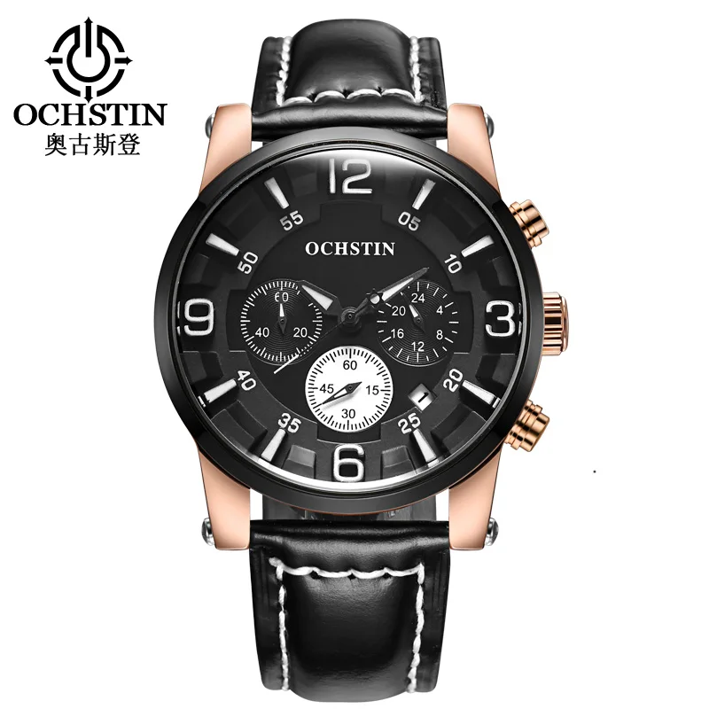 

OCHSTIN 052D men Quartz Watches Muti-function Chronograph Leather Strap Military WristWatch, 4 colors for choose