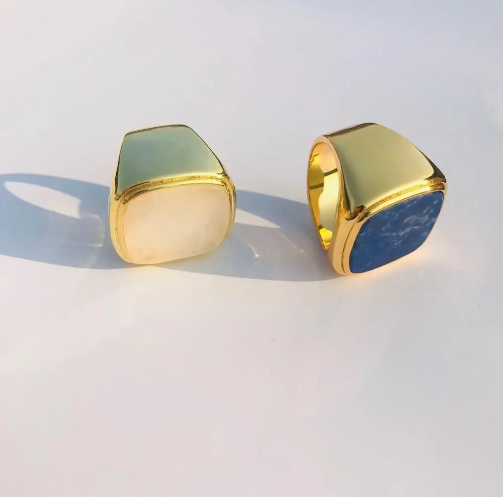 

French Fashion Rings Golden Glossy Aristocratic Natural Stone Lapis Ring joyeria piedras preciosas