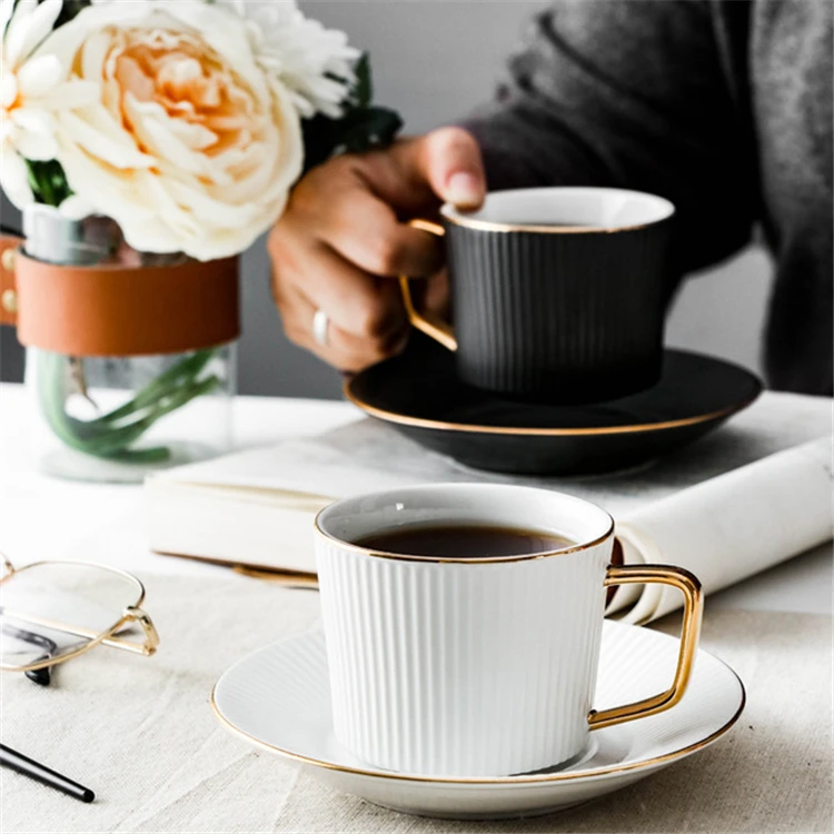 

Royal style black white striped embossed gold rim ceramic coffee tea cup with saucer, Customized color