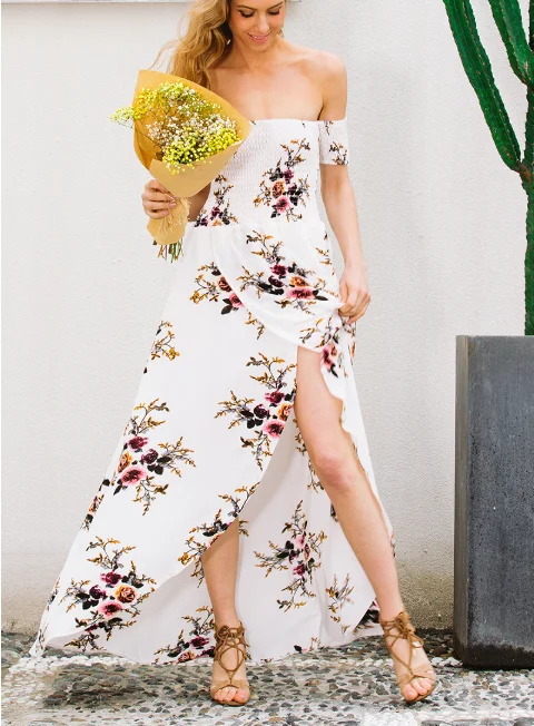 Boho Style Long Dress Women Off Shoulder Beach Summer Dresses Floral