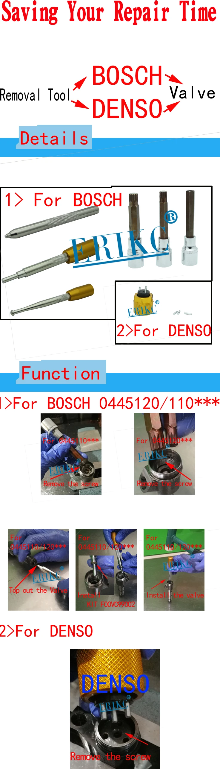 ERIKC common rail injector repair and injection valve plate remove tools